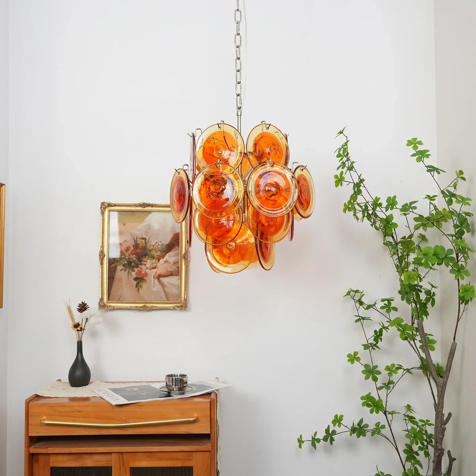 Vintage Murano Orange Transparent Disc Chandelier material and finish detail