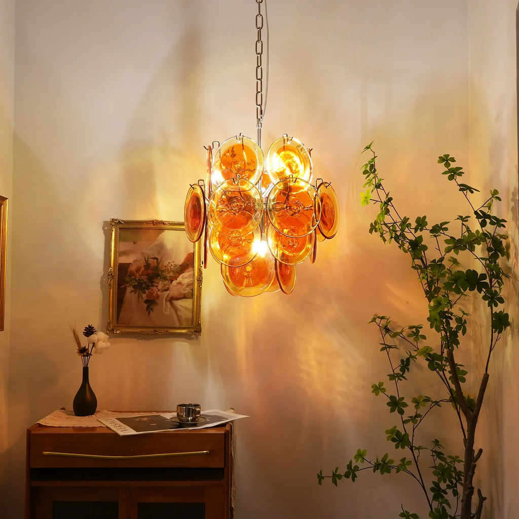 Vintage Murano Orange Transparent Disc Chandelier detail view