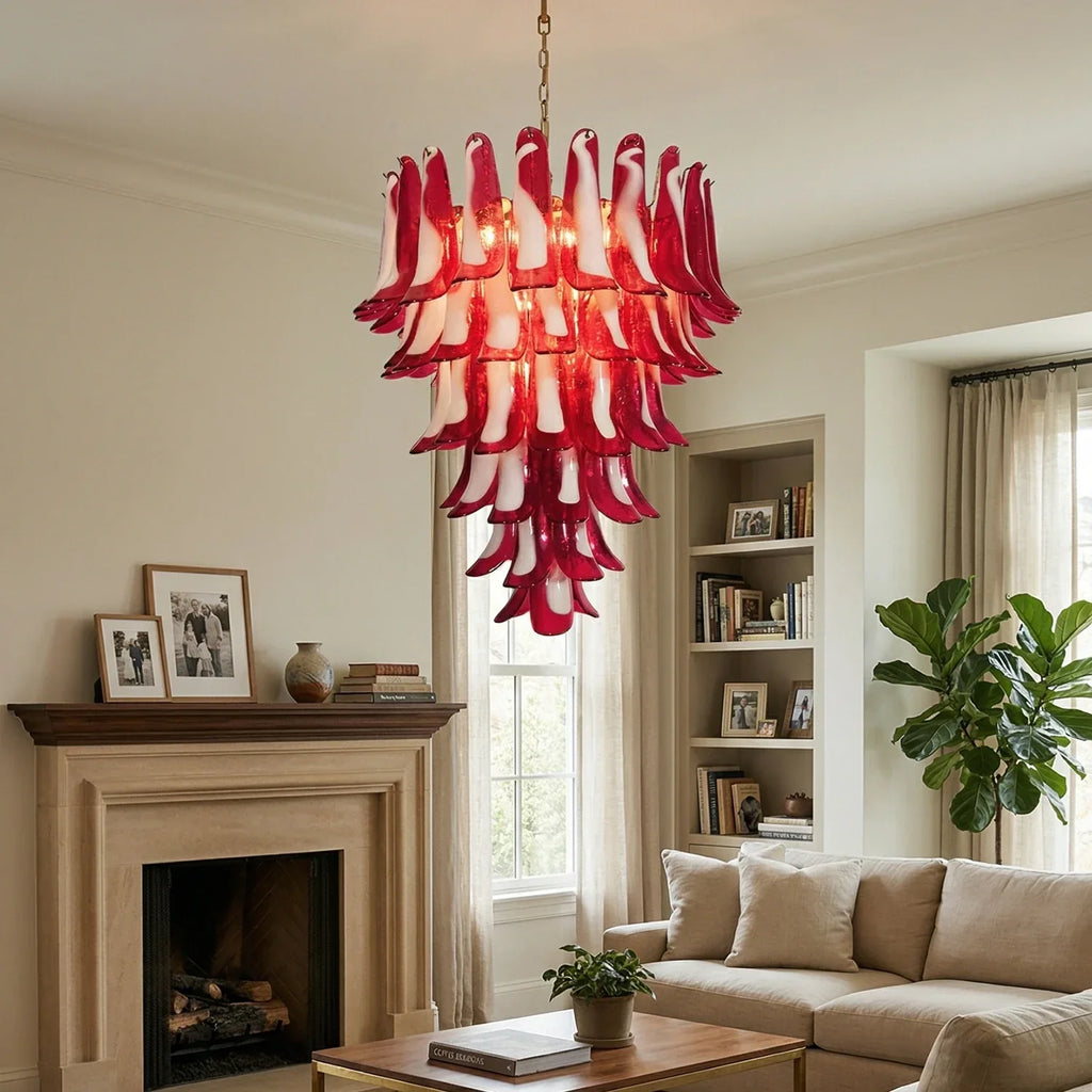Vintage Murano Red Glass Petals Chandelier detail view