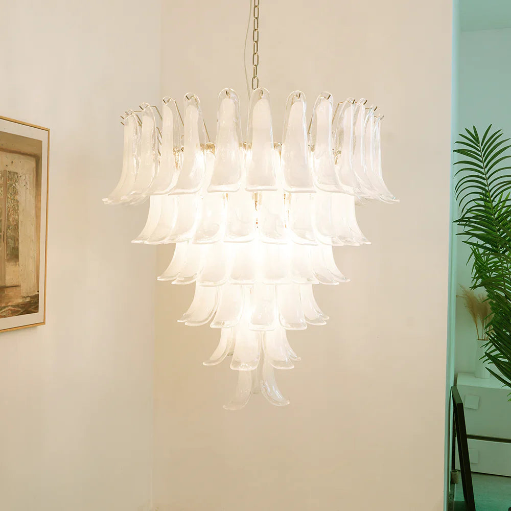 Vintage Murano Transparent Glass Petals Chandelier detail view