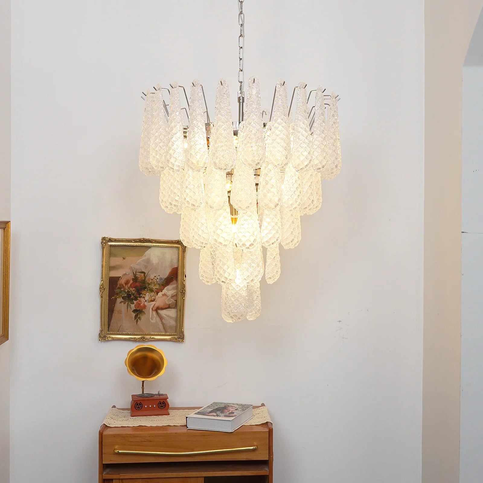 Vintage Transparent Murano Glass Petals Drop Chandelier detail view