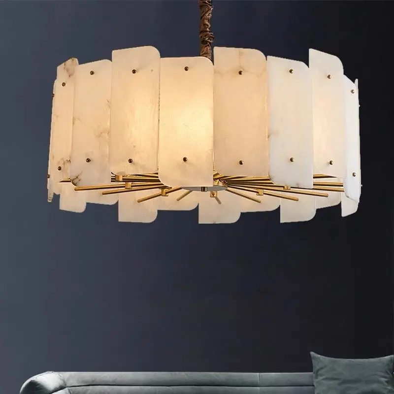 Alabaster Brass Dining Room Round Chandelier by Bling Lighting Studio