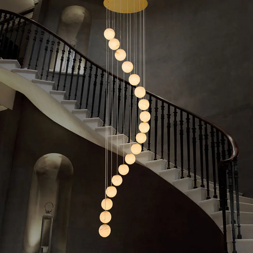 Alabaster Brass Modern Globe Spiral Chandelier by Bling Lighting Studio