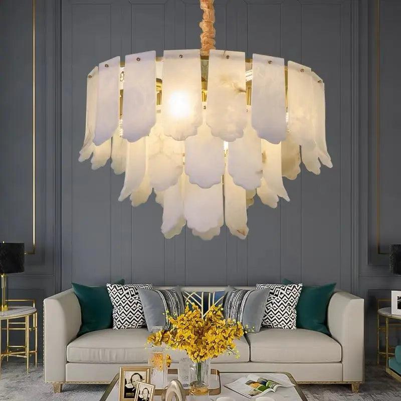 Alabaster Flake Brass Multi-Layer Chandelier Lamp by Bling Lighting Studio