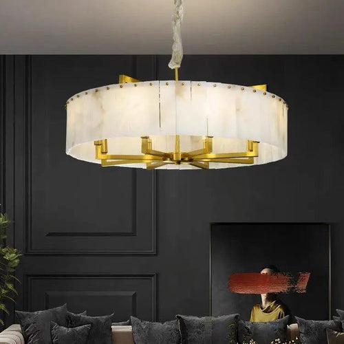 Alabaster Flake Brass Round Chandelier Lighting by Bling Lighting Studio