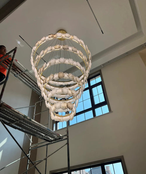 Modern Multi-layer White Alabaster Chandelier for Staircase/Foyer by Bling Lighting Studio