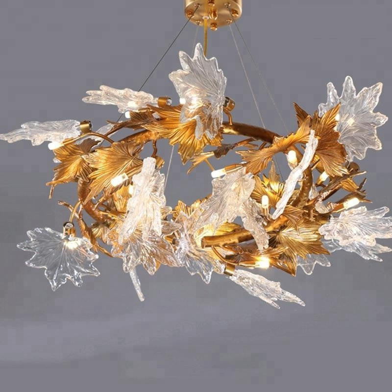 L'automne Golden & Clear Crystal Leaf Round Chandelier