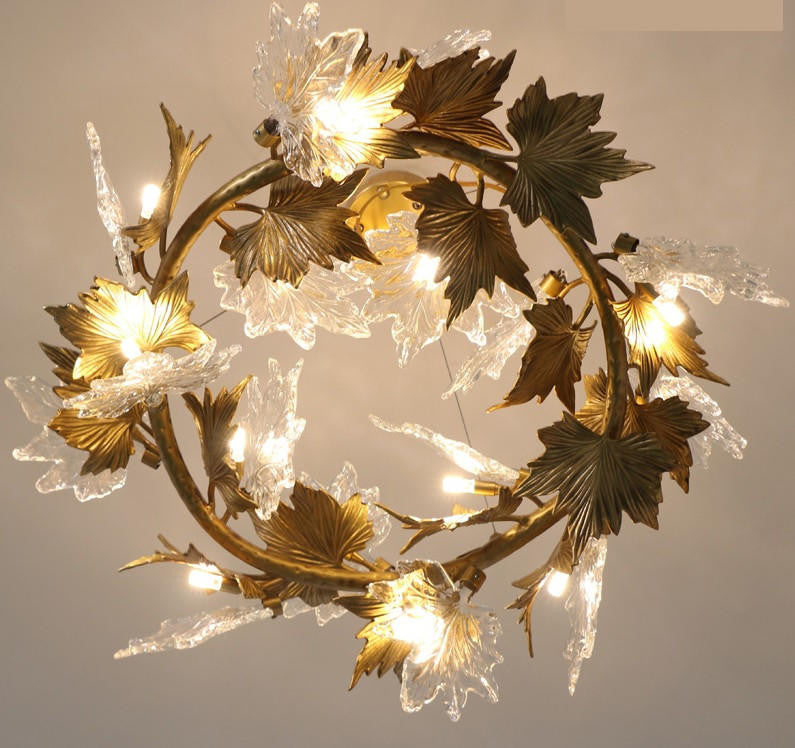 L'automne Golden & Clear Crystal Leaf Round Chandelier