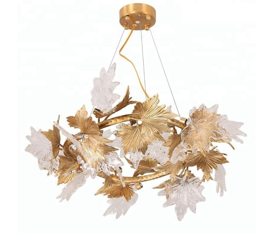 L'automne Golden & Clear Crystal Leaf Round Chandelier