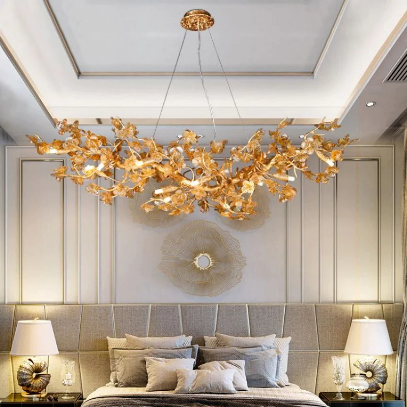 Branch Modern Leaf Linear Gold Brass Chandelier by Bling Lighting Studio