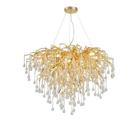 Brianna Crystal Droplet Gold Branch Round Chandelier
