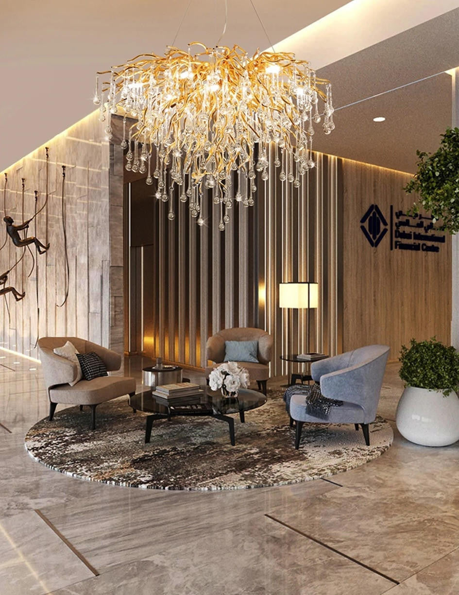 Brianna Crystal Droplet Gold Branch Round Chandelier