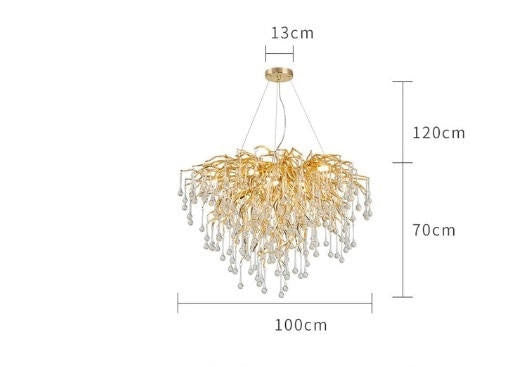 Brianna Crystal Droplet Gold Branch Round Chandelier