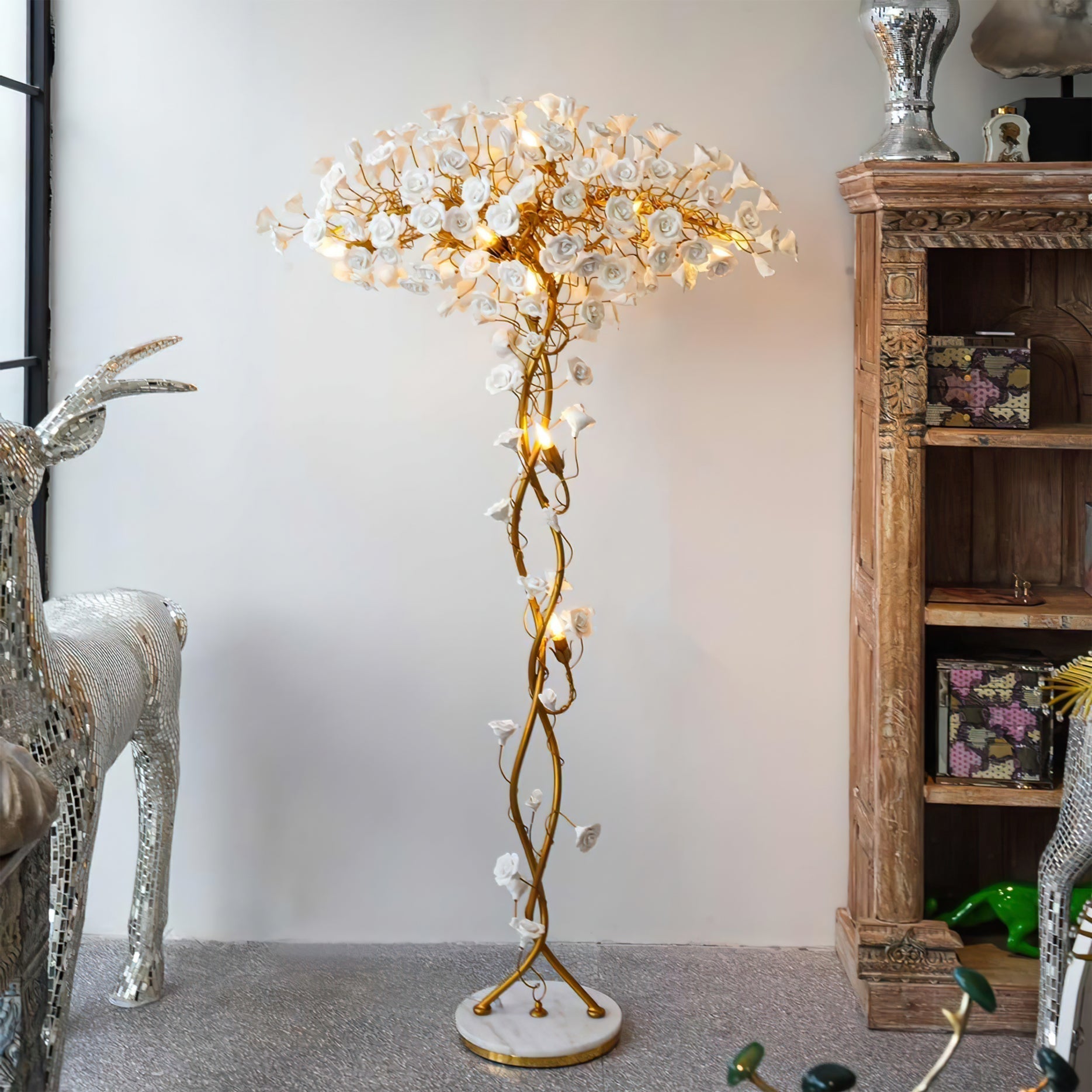 Ceramic Branch Brass Crystal Flower Floor Lamp by Bling Lighting Studio