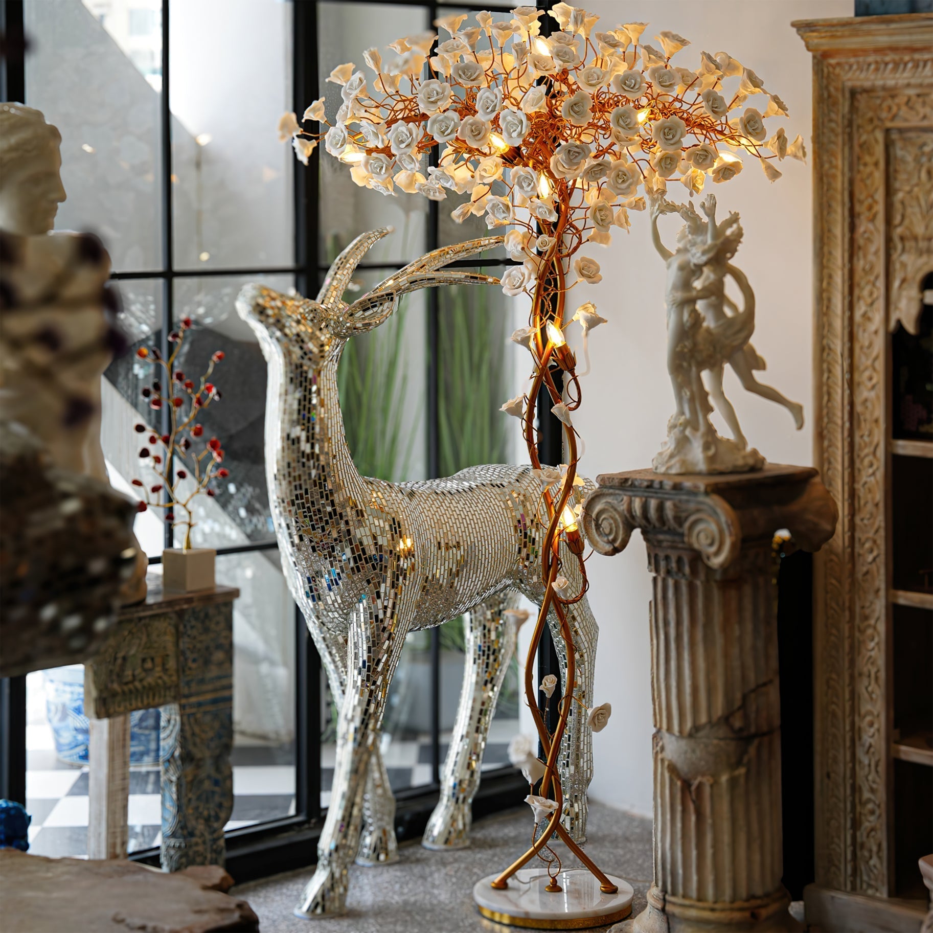 Ceramic Branch Brass Crystal Flower Floor Lamp by Bling Lighting Studio