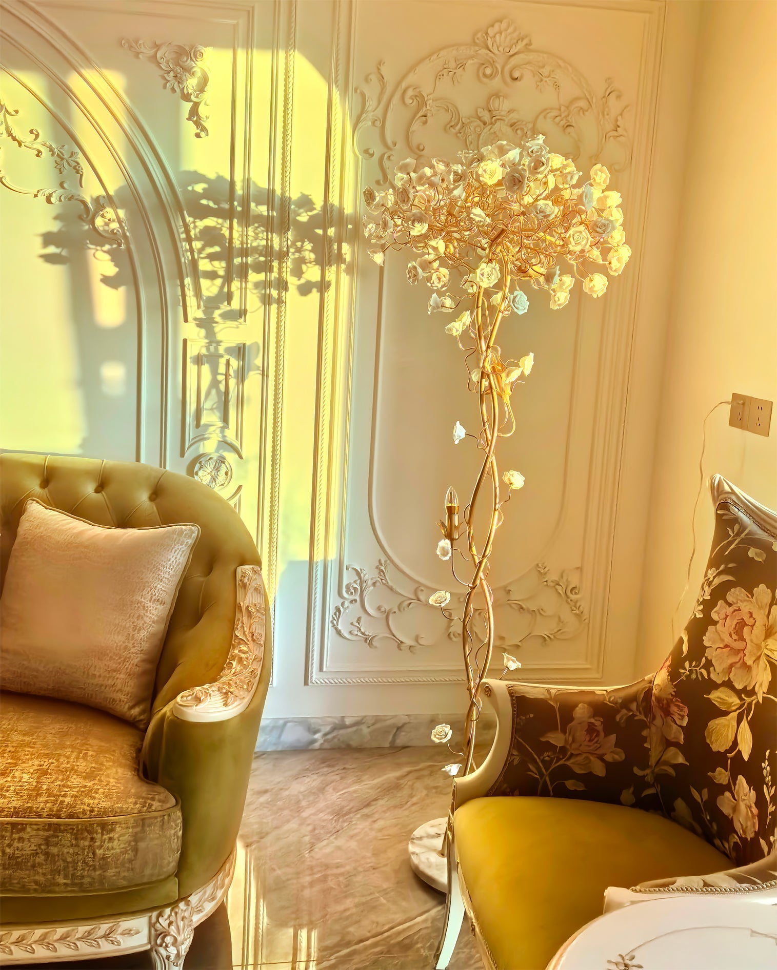 Ceramic Branch Brass Crystal Flower Floor Lamp by Bling Lighting Studio