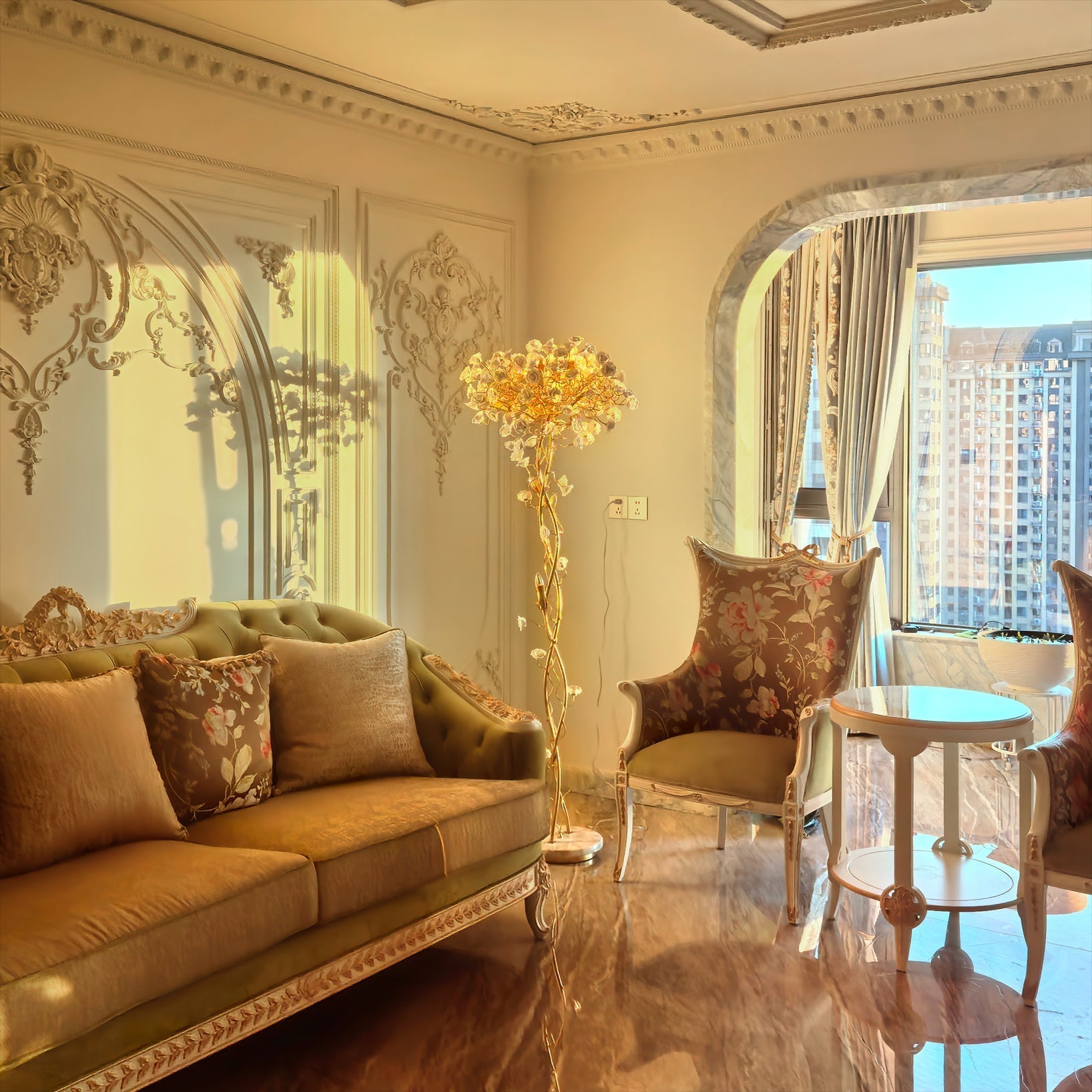 Ceramic Branch Brass Crystal Flower Floor Lamp by Bling Lighting Studio