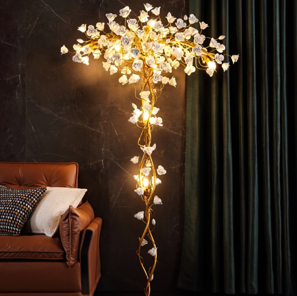 Ceramic Branch Brass Crystal Flower Floor Lamp by Bling Lighting Studio