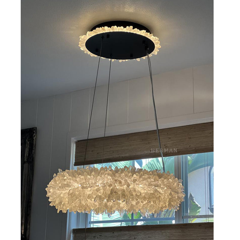 Cervine Quartz Stone Round Clear Geode Quartz Crystal Ring Chandelier by Bling Lighting Studio