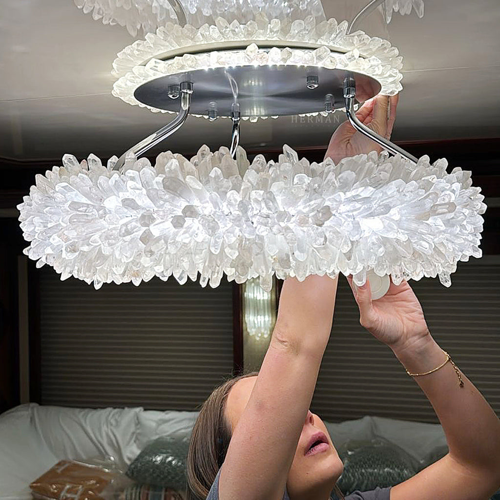 Cervine Quartz Stone Round Clear Geode Quartz Crystal Ring Chandelier by Bling Lighting Studio