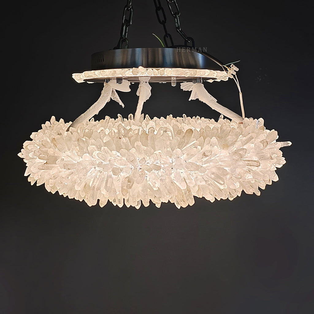 Cervine Quartz Stone Round Clear Geode Quartz Crystal Ring Chandelier by Bling Lighting Studio