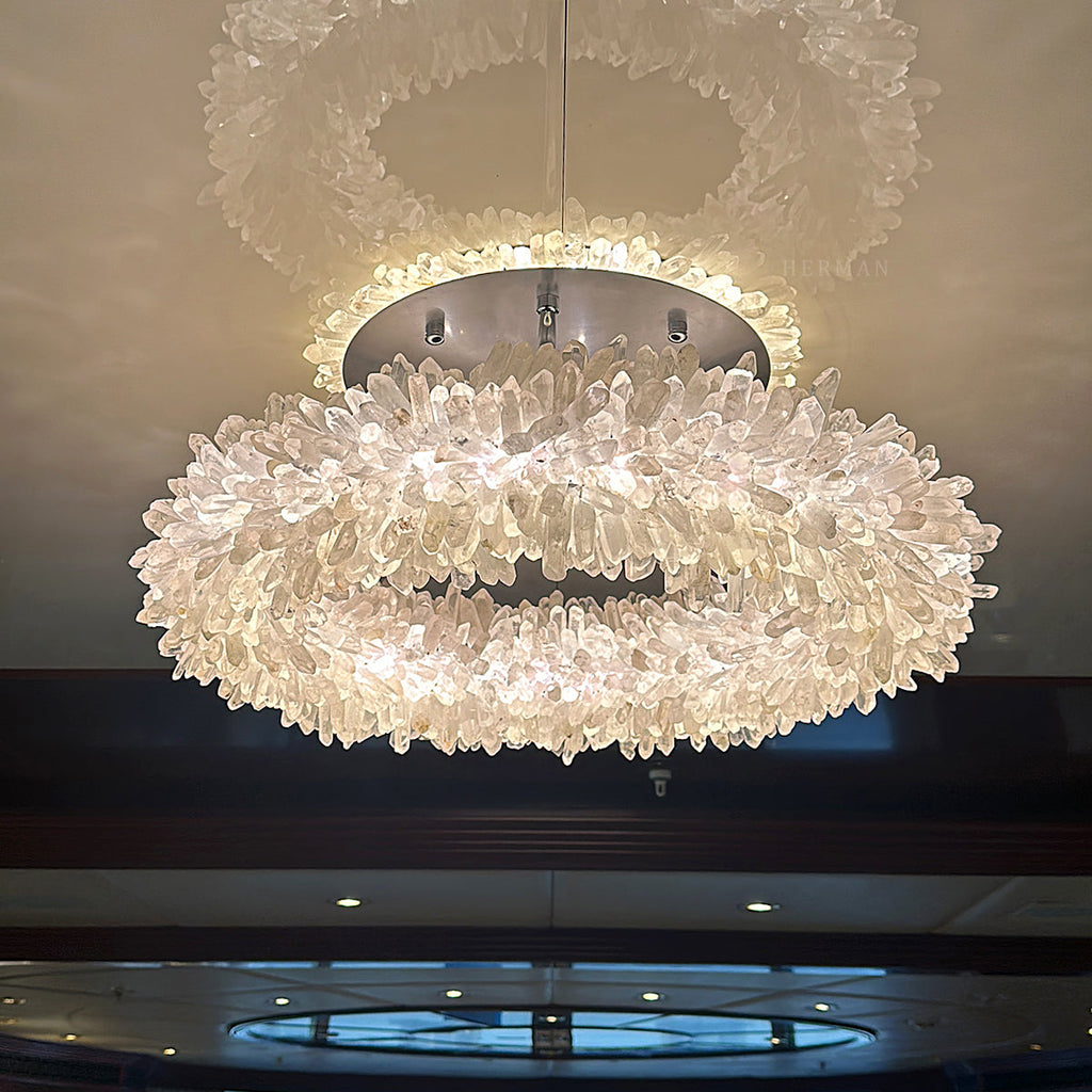 Cervine Quartz Stone Round Clear Geode Quartz Crystal Ring Chandelier by Bling Lighting Studio