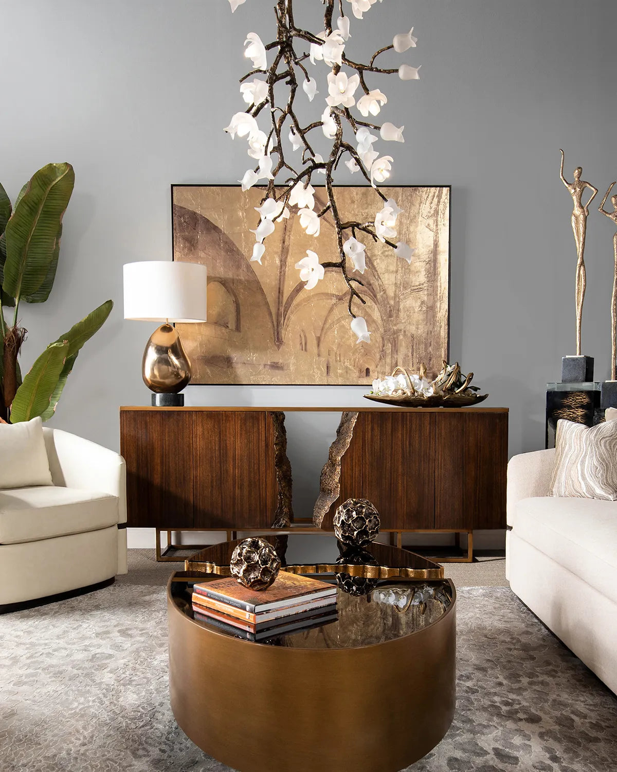Churippu Branch Magnolia & Tulip Glass Bronze Vertical Twenty-One Light Chandelier by Bling Lighting Studio
