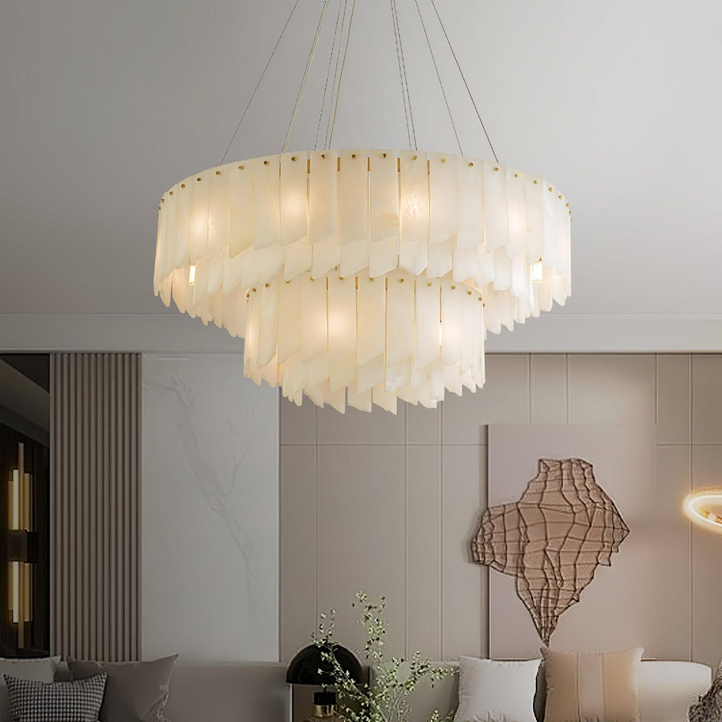 Contemporary Alabaster Cascade Tiered Chandelier detail view
