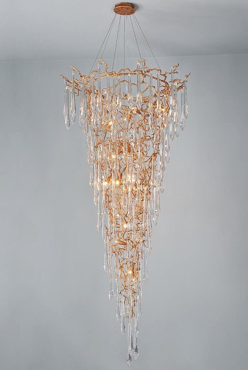 Ciecherella : Crystal Droplet Branch Staircase Chandelier - Modern Copper Chandelier - Designer Lamp