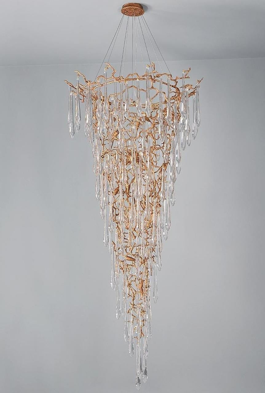 Ciecherella : Crystal Droplet Branch Staircase Chandelier - Modern Copper Chandelier - Designer Lamp