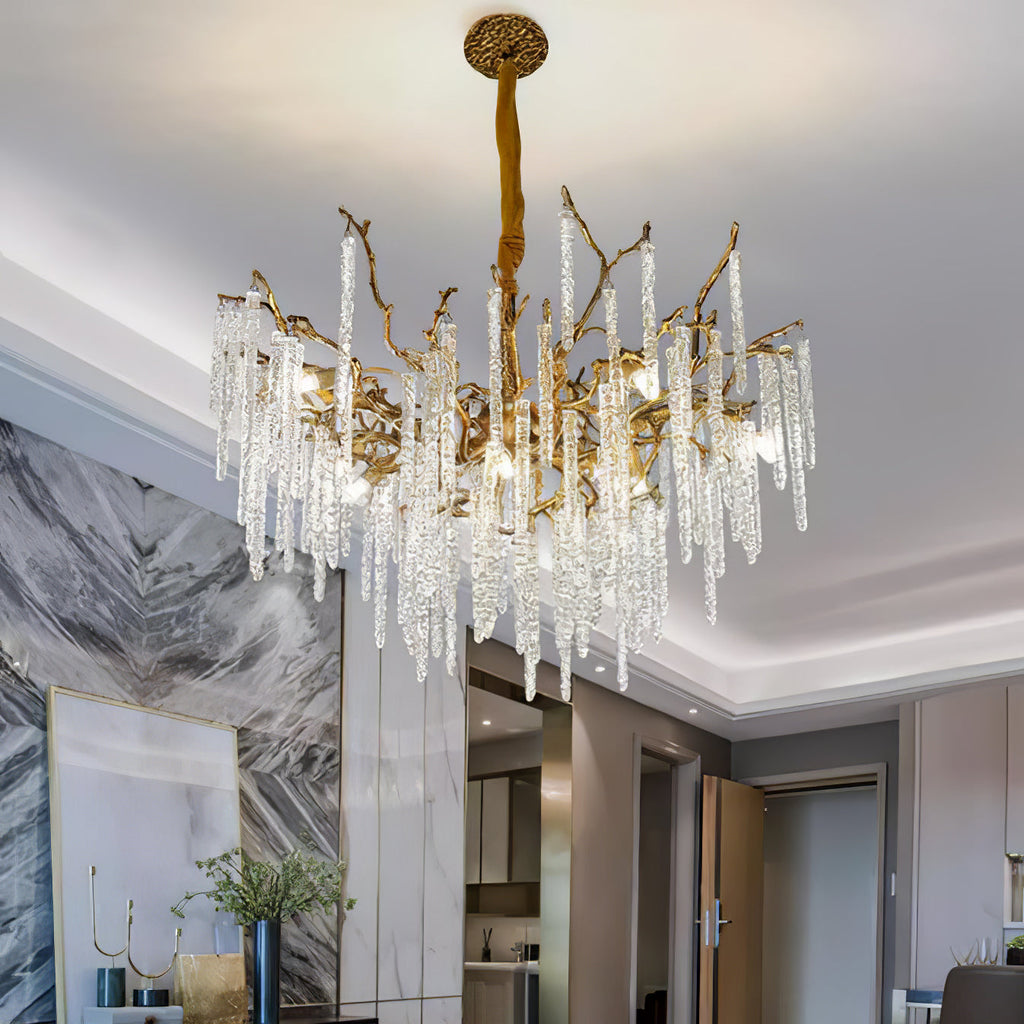 Crystal Icicles Branch Brass Chandelier material and finish detail