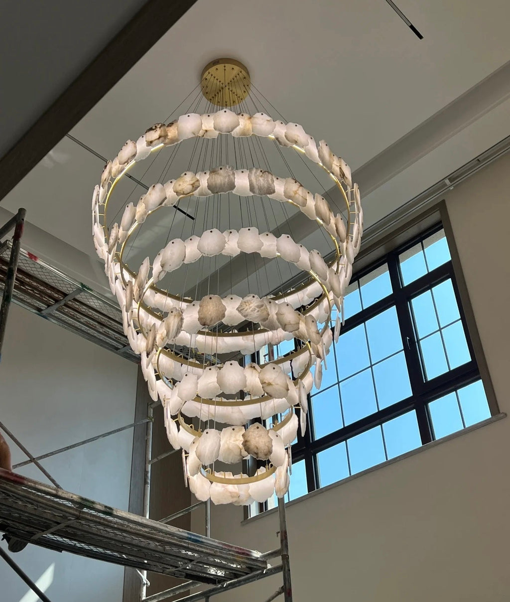Modern Multi-layer White Alabaster Chandelier for Staircase/Foyer by Bling Lighting Studio