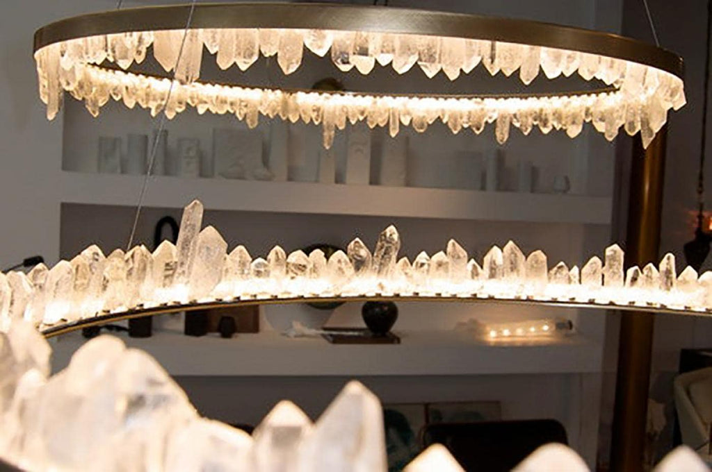 Designer 36 Inch Round Modern Chandelier Brass & Clear Geode Quartz Crystal Hanging Light product image