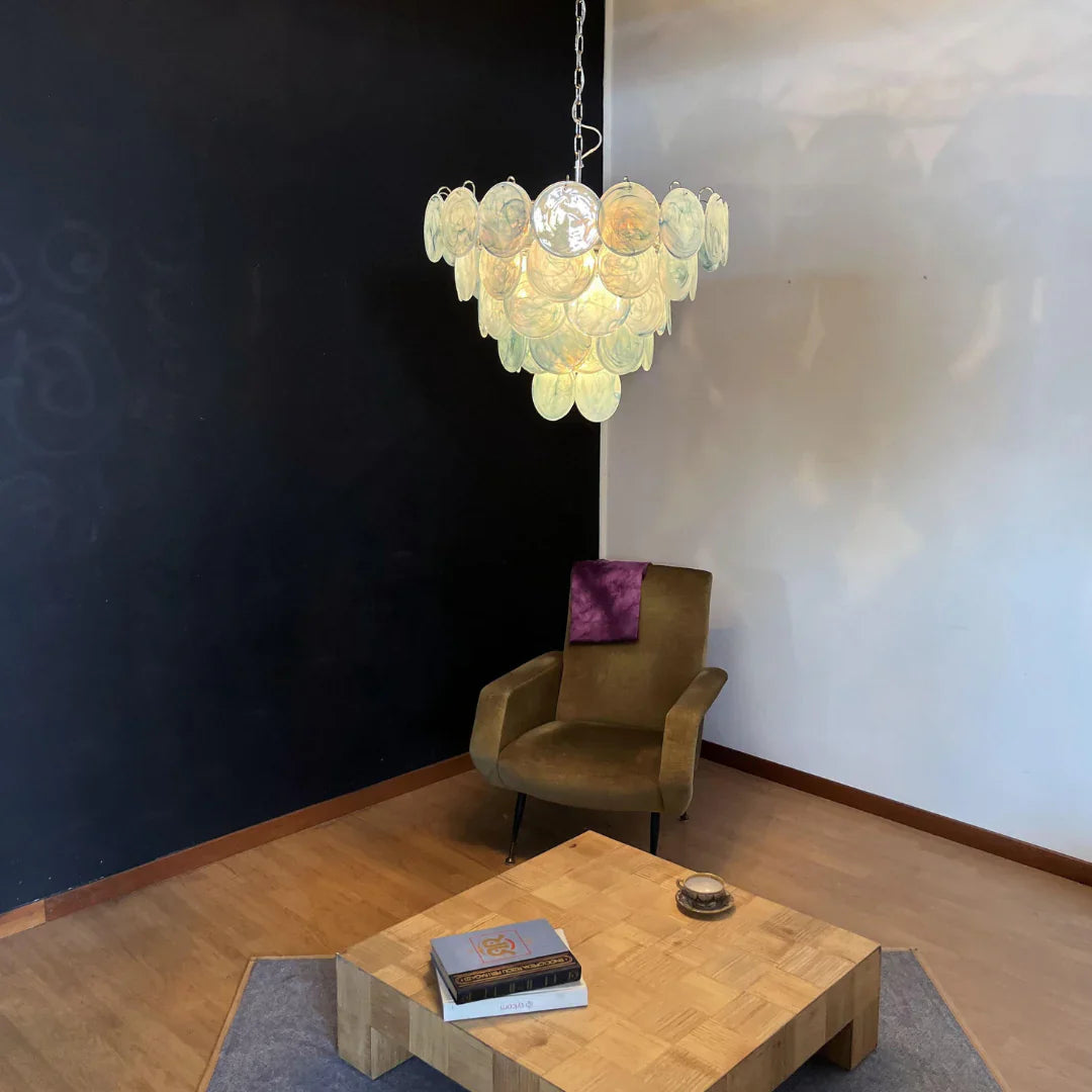 Elegant Blue Murano Disc Chandelier material and finish detail