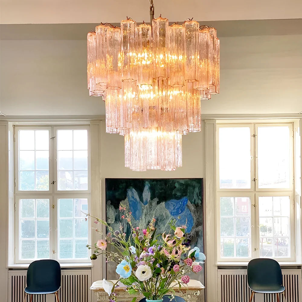 Elegant Pink Murano Glass Tube Chandelier detail view