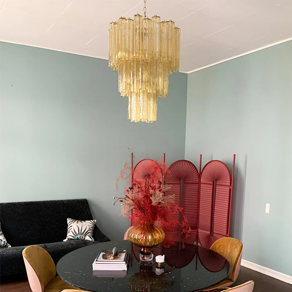 Elegant Yellow Murano Glass Tube Chandelier detail view