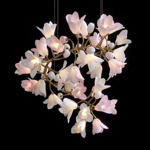 Calliope: Branching Tulip Lighting - Porcelain Flower Chandelier - Light Pink And White Ceramic Chandelier Lighting