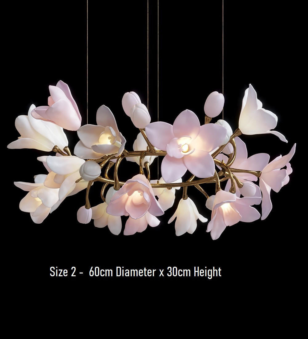 Calliope: Branching Tulip Lighting - Porcelain Flower Chandelier - Light Pink And White Ceramic Chandelier Lighting