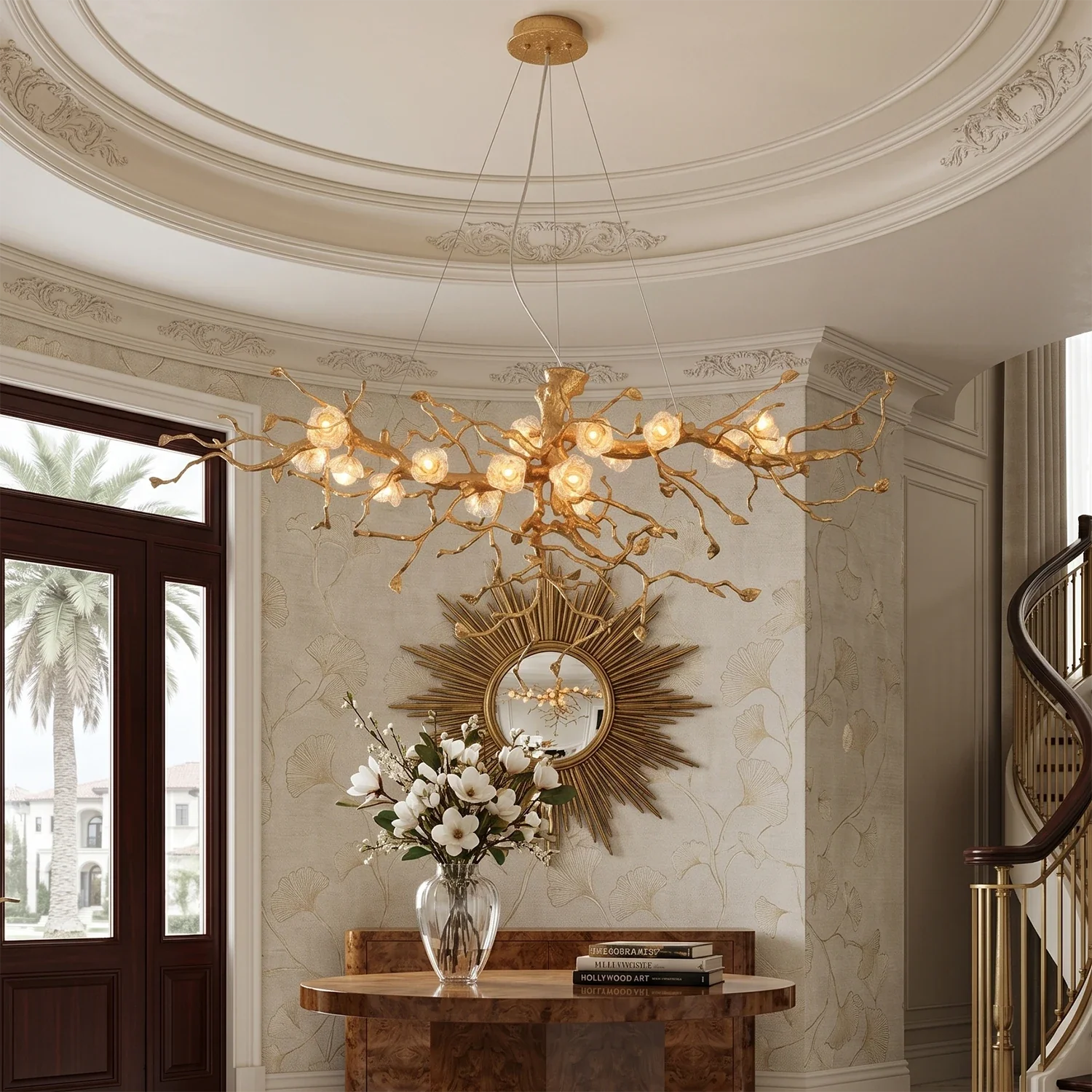 Golden Tree Branch Glass Flower Chandelier