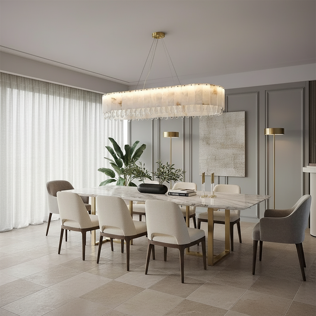 Stuart Modern Alabaster & Crystal Dining Room Chandelier material and finish detail