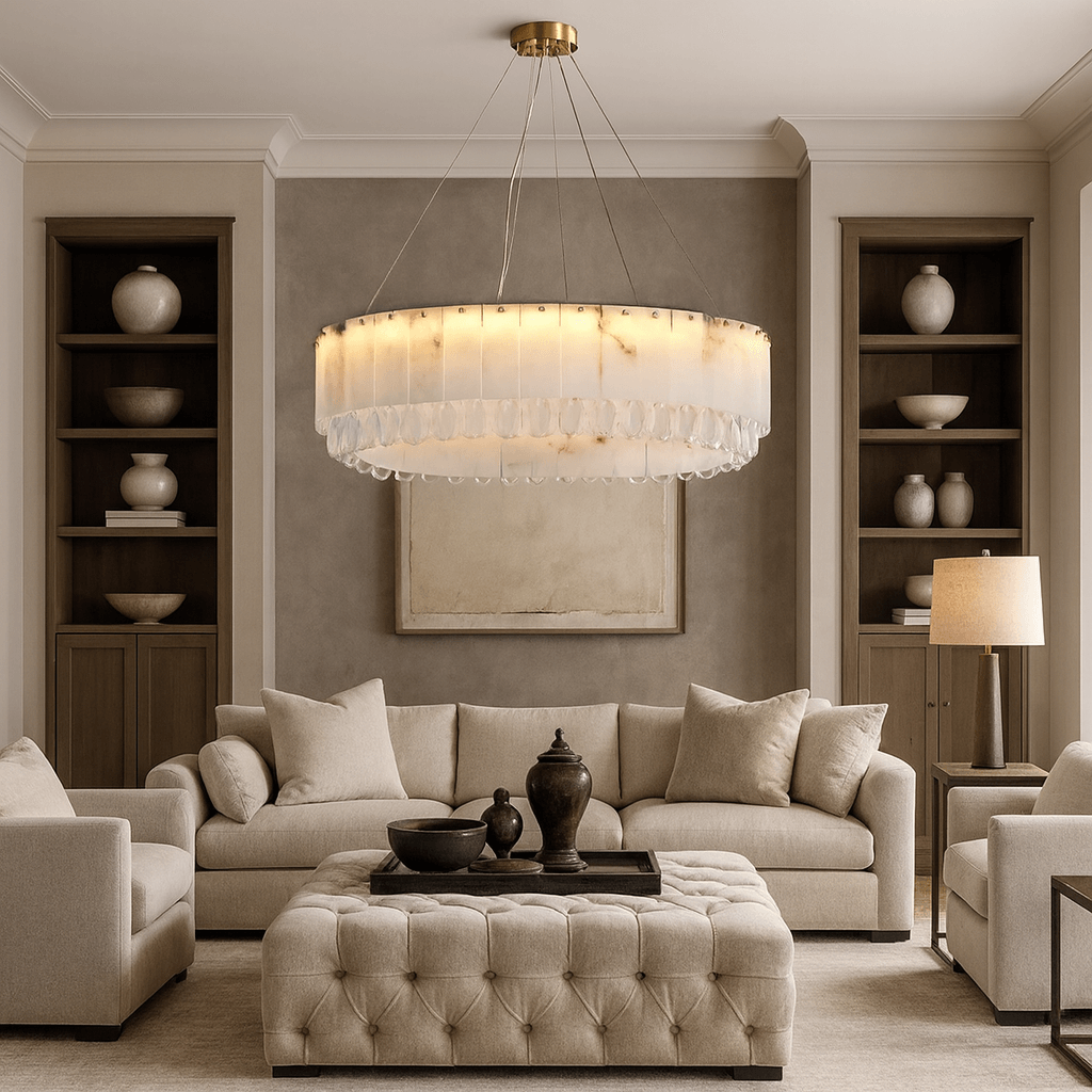Stuart 31" Modern Alabaster & Crystal Round Chandelier by Bling Lighting Studio