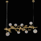 Long Organic Glass Bubble Brass Leaves Branch Chandelier 59" L