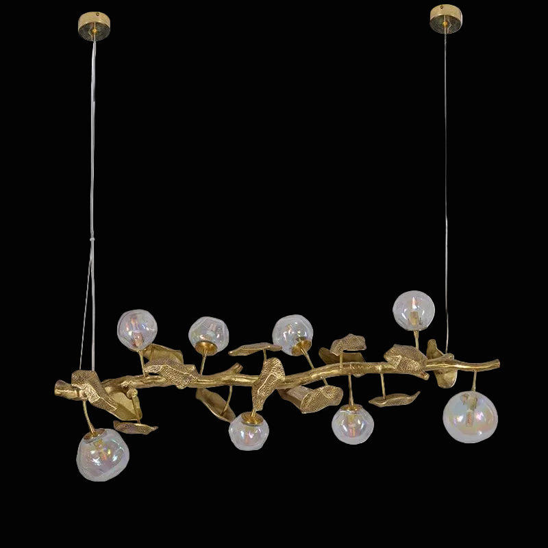 Long Organic Glass Bubble Brass Leaves Branch Chandelier 59" L