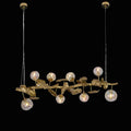 Long Organic Glass Bubble Brass Leaves Branch Chandelier 59" L