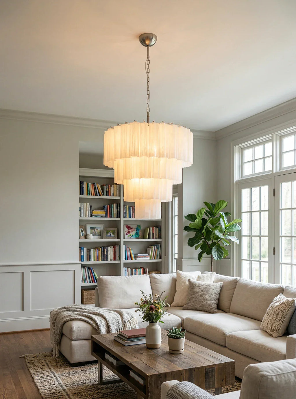 Murano White Glass Tubes Chandelier detail view