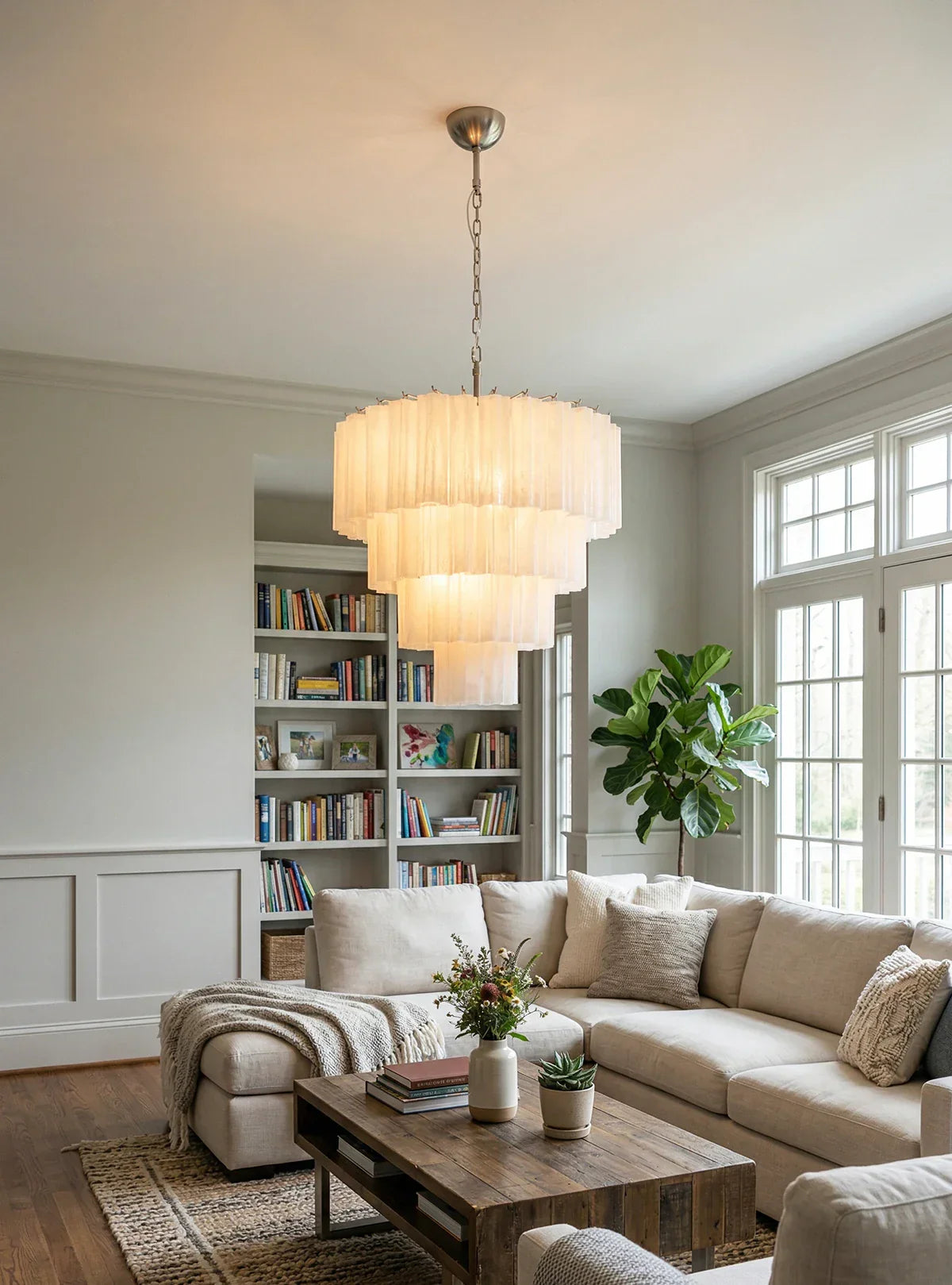Murano White Glass Tubes Chandelier detail view