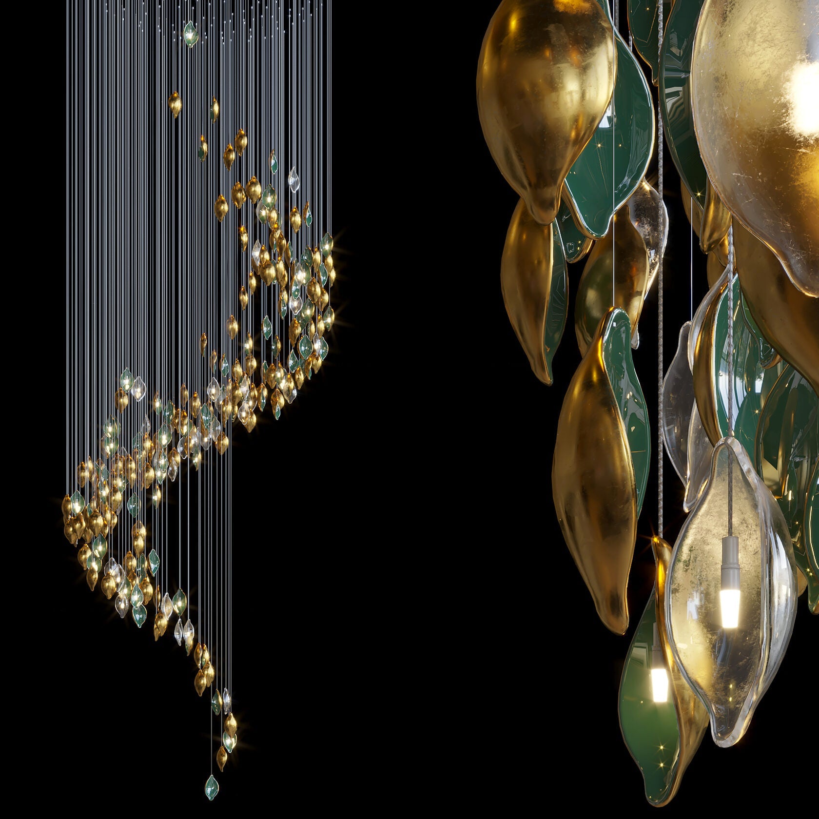 Gold Green Pod Rain Chandelier